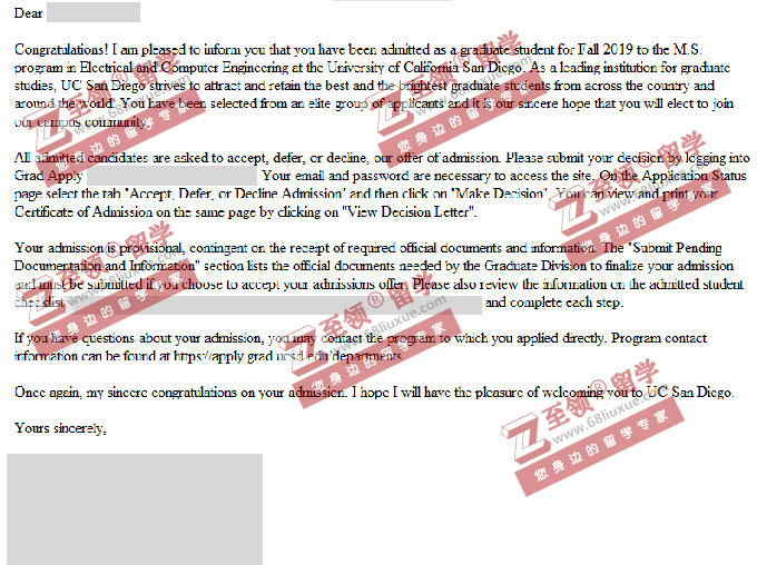 2019年加州大学圣地亚哥分校电气工程EE硕士OFFER 2019年加州大学圣地亚哥分校电气工程EE硕士OFFER